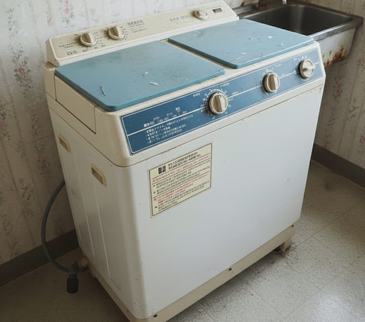 二層式洗濯機の壊れにくさをイメージした古い洗濯機の画像