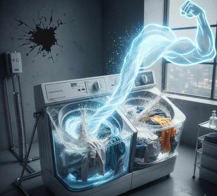 二層式洗濯機の汚れをねじ伏せる驚異の洗浄力をイメージした画像