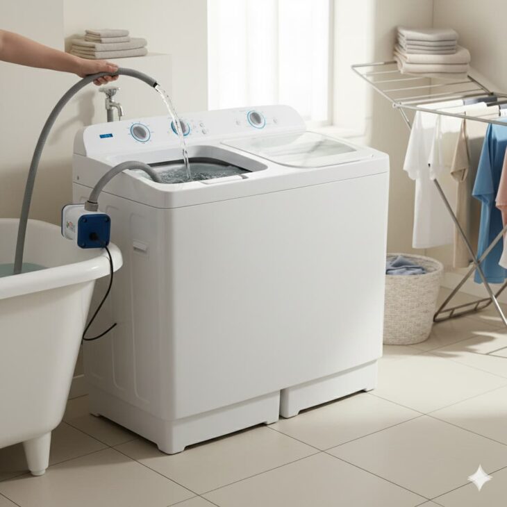 二層式洗濯機へお風呂の水を注入している画像